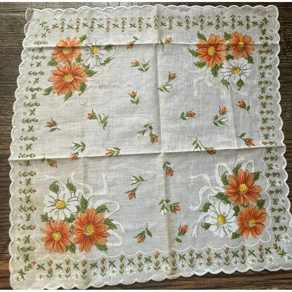 Vintage 50s Floral Handkerchief Orange White Daisy Scalloped Edge Mid Century